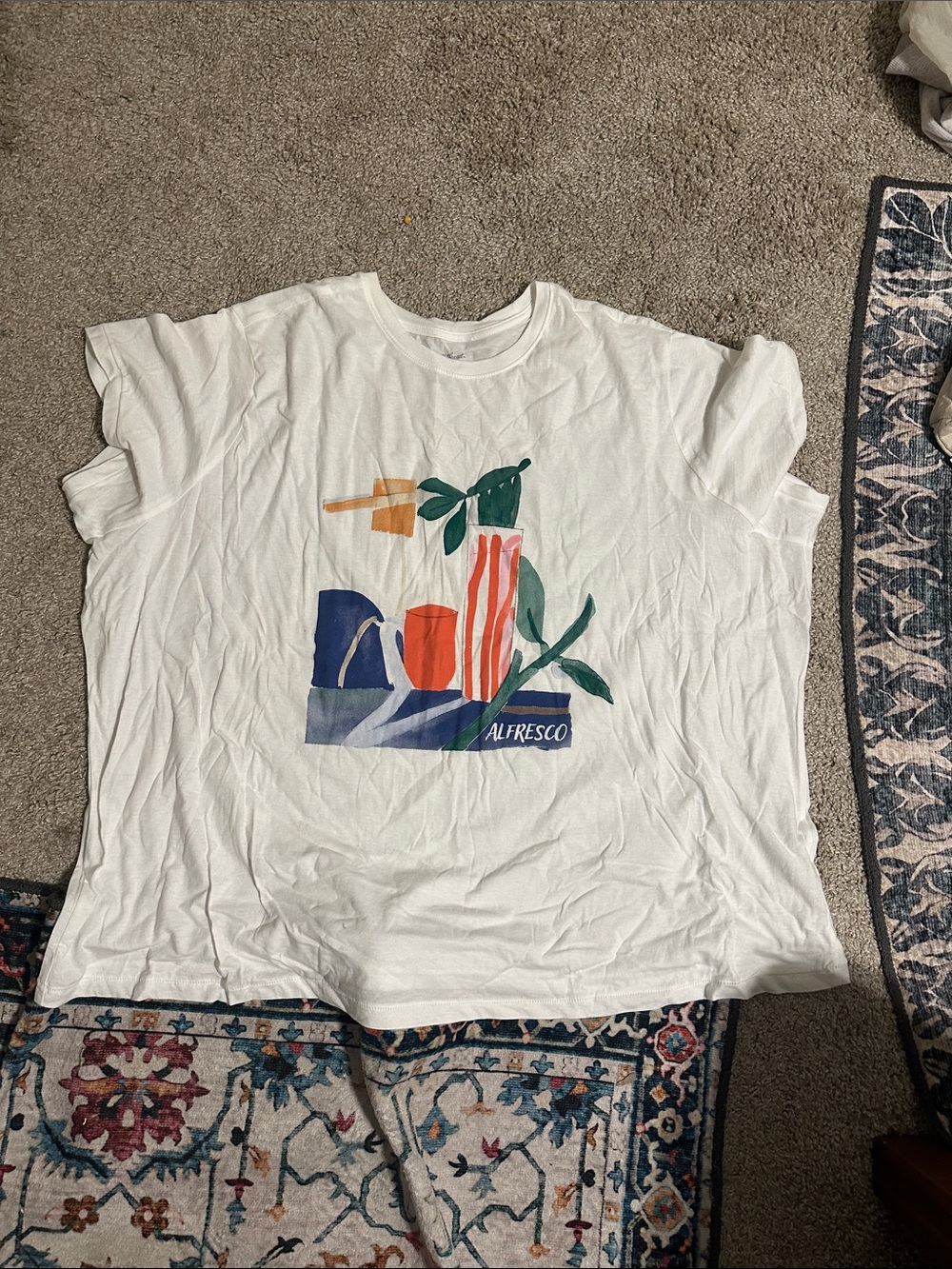 Target White Short Sleeve Tee with Multicolor Alfresco Graphic BRAND NEW